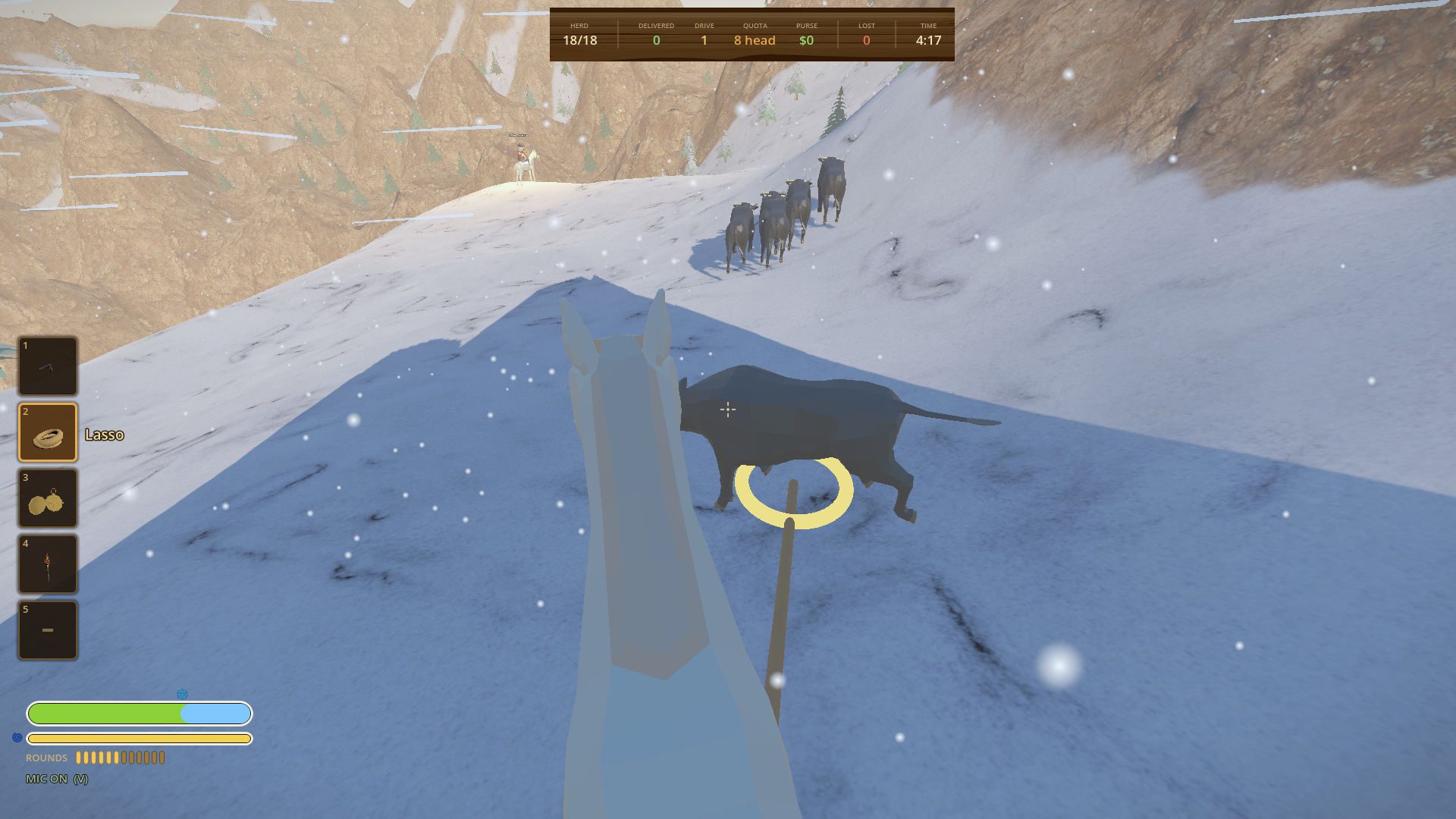 Roping a cow in deep snow